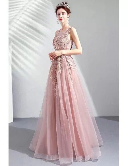 Stunning Beaded Embroidery Aline Tulle Pink Prom Dress Sleeveless