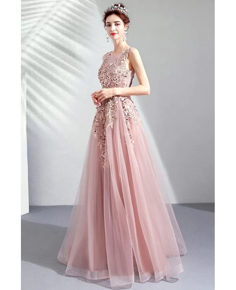 [$148.99] Stunning Beaded Embroidery Aline Tulle Pink Prom Dress Sleeveless  Wholesale #T79034 