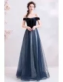 Navy Blue Aline Long Tulle Prom Formal Dress Off Shoulder