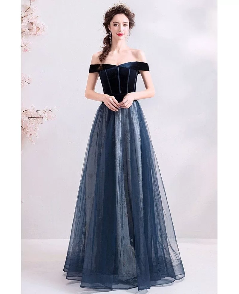 Navy Blue Aline Long Tulle Prom Formal Dress Off Shoulder Wholesale # ...