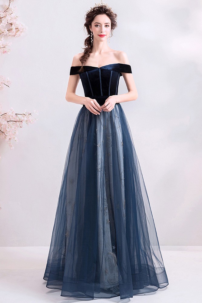 Navy Blue Aline Long Tulle Prom Formal Dress Off Shoulder Wholesale # ...