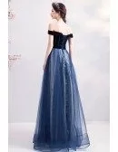 Navy Blue Aline Long Tulle Prom Formal Dress Off Shoulder