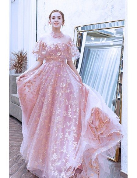 Bling Sequins Embroidery Cute Pink Prom Dress With Puffy Sleeves