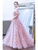 Bling Sequins Embroidery Cute Pink Prom Dress With Puffy Sleeves