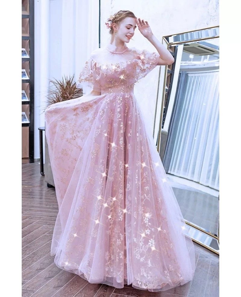 Bling Sequins Embroidery Cute Pink Prom Dress With Puffy Sleeves Wholesale #T78007 - GemGrace.com