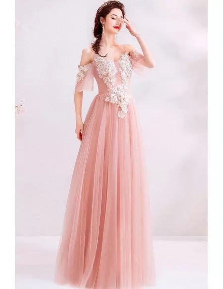Pretty Pink Tulle Aline Prom Dress With Petals Straps