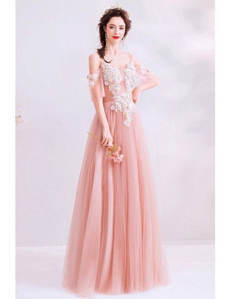 Pretty Pink Tulle Aline Prom Dress With Petals Straps