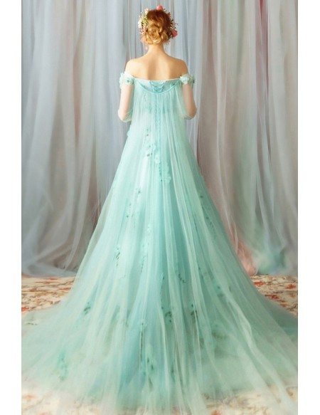 Fairy Light Green Off Shoulder Flowers Prom Dress Long Tulle With Train