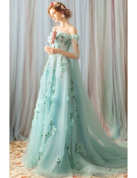 Fairy Light Green Off Shoulder Flowers Prom Dress Long Tulle With Train