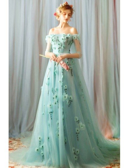 Fairy Light Green Off Shoulder Flowers Prom Dress Long Tulle With Train ...