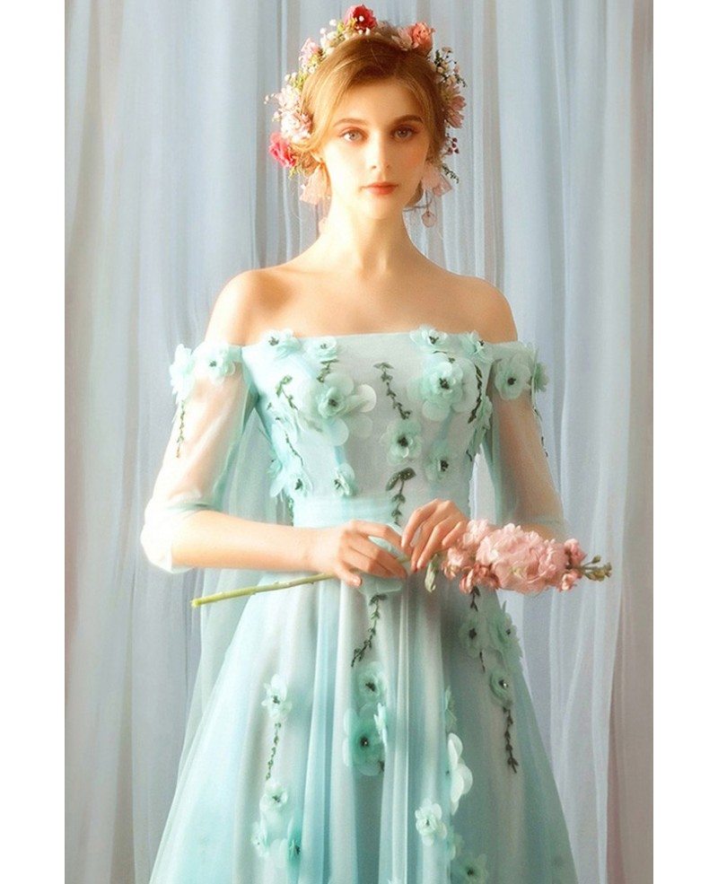 Fairy Light Green Off Shoulder Flowers Prom Dress Long Tulle With Train ...