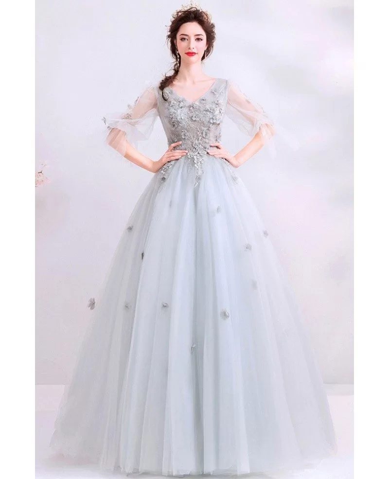 Dusty Grey Ballgown Cute Prom Dress Vneck With Puffy Sleeves Wholesale ...