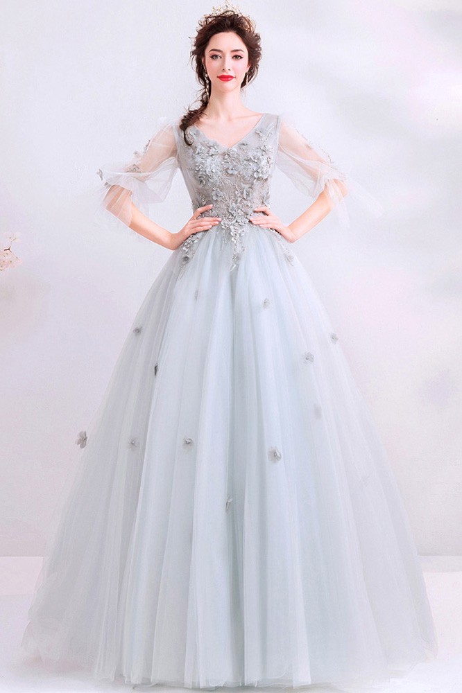 Dusty Grey Ballgown Cute Prom Dress Vneck With Puffy Sleeves Wholesale ...
