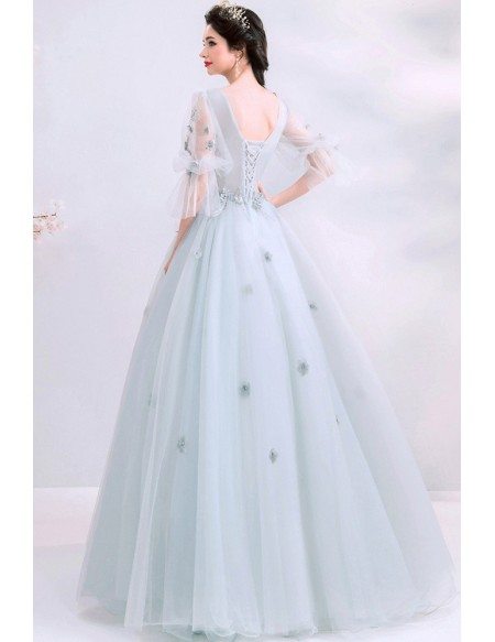 Dusty Grey Ballgown Cute Prom Dress Vneck With Puffy Sleeves