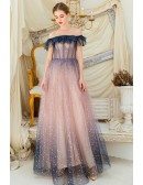 Blue With Pink Tulle Fatasy Bling Prom Dress With Sequins Off Shoulder