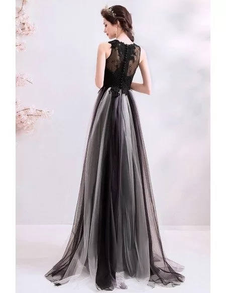 Flowy Black Tulle Aline Long Prom Dress Vneck Sleeveless
