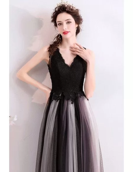 Flowy Black Tulle Aline Long Prom Dress Vneck Sleeveless