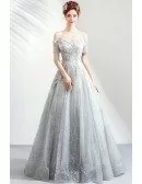 Elegant Grey Silver Sequins Long Prom Dress With Off Shoulder Sleeves
