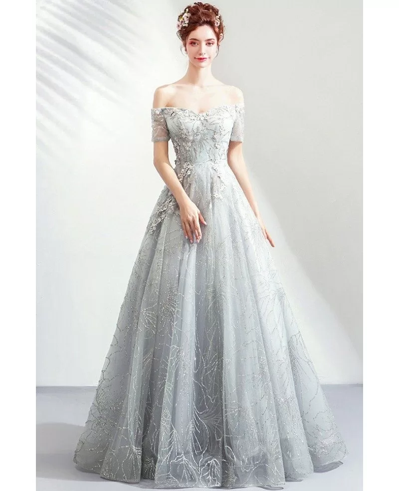 silver ball gowns with sleeves