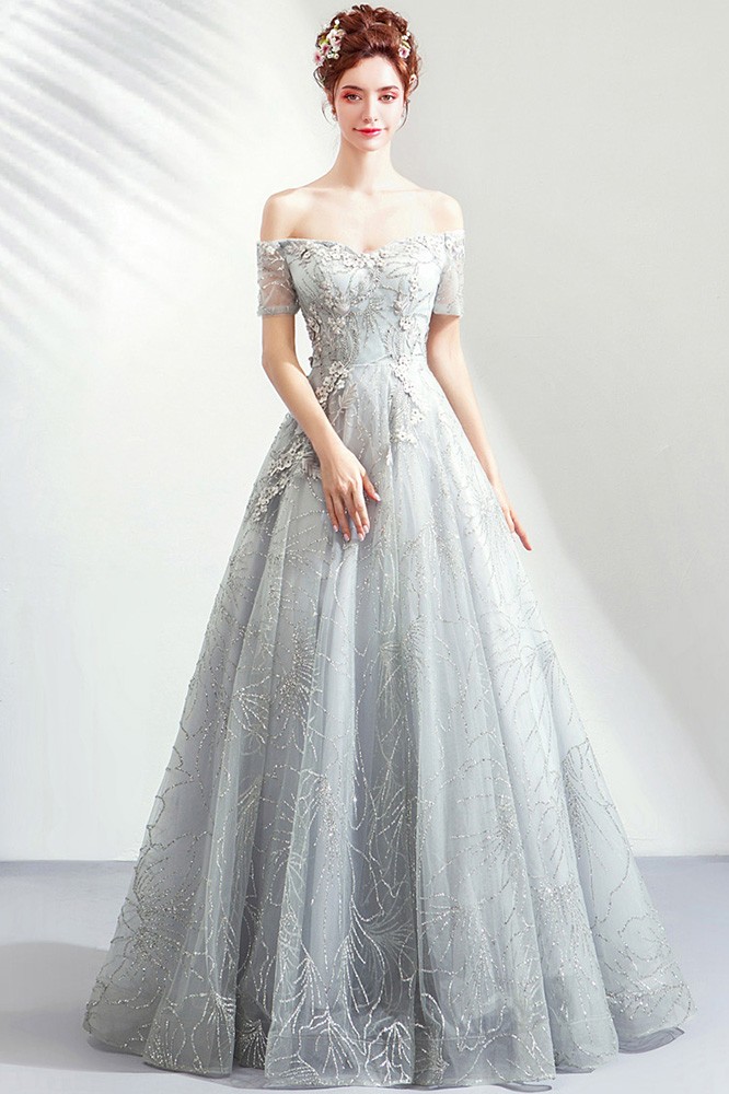 Unique Grey Long Ball Gown,appliqued Cap Sleeves Prom Dress,big Wedding  Dresses,grey Formal Evening on Luulla