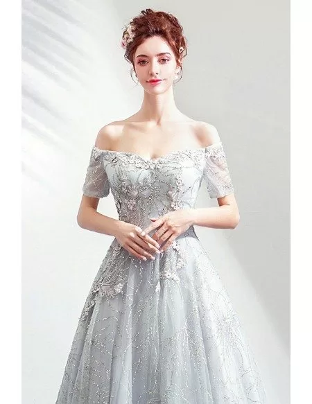 Elegant Grey Silver Sequins Long Prom Dress With Off Shoulder Sleeves