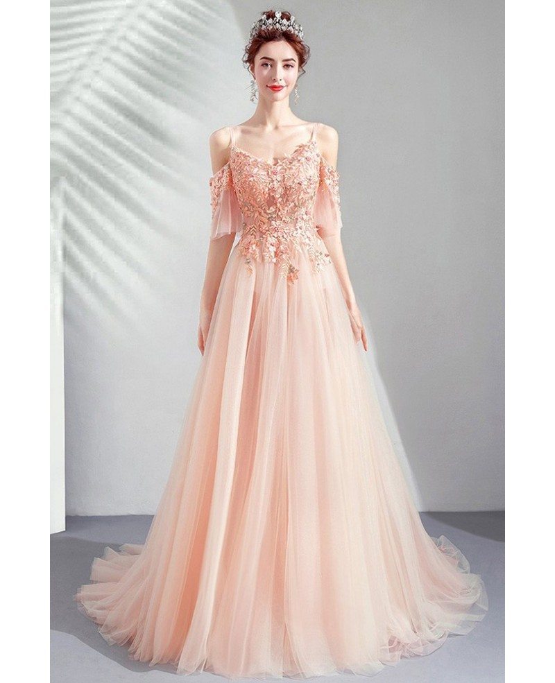 Gorgeous Pink Tulle Beaded Flowers Long Tulle Prom Dress With Train ...
