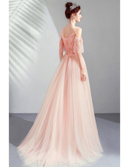 Gorgeous Pink Tulle Beaded Flowers Long Tulle Prom Dress With Train