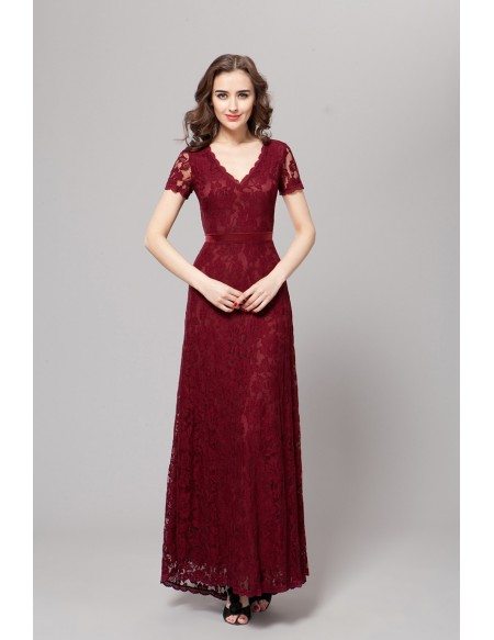 Elegant A-Line V-neck Lace Long Dress With Sleeves