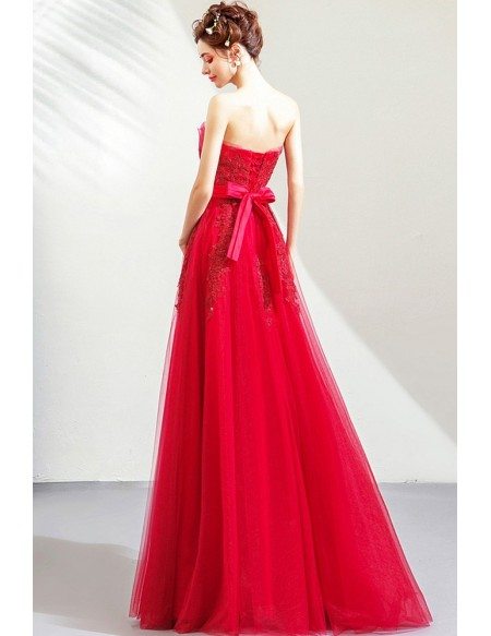 Strapless Red Lace Tulle Aline Long Party Dress With Sash