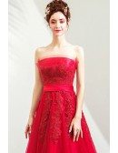 Strapless Red Lace Tulle Aline Long Party Dress With Sash