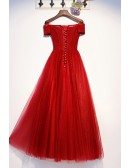 Long Red Tulle Off Shoulder Sleeve Party Prom Dress With Laceup
