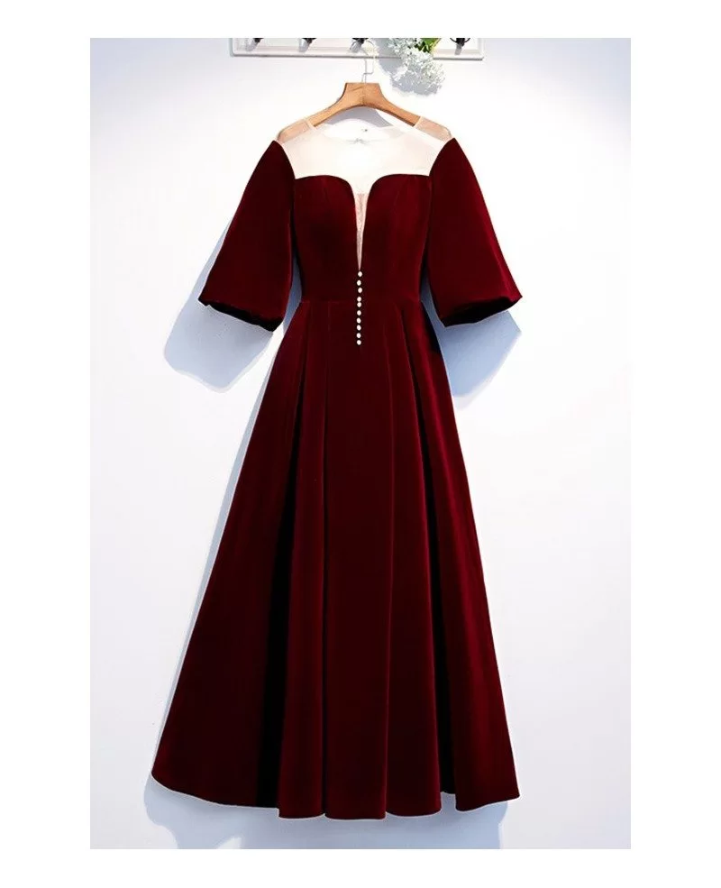 maroon formal long velvet dress with puffy sleeves #MYX79083 - GemGrace.com