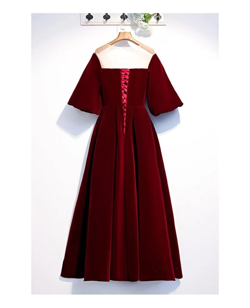 maroon formal long velvet dress with puffy sleeves MYX79083