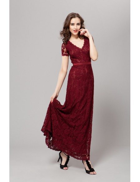 Elegant A-Line V-neck Lace Long Dress With Sleeves