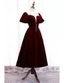 Retro Square Neck Maroon Tea Length Party Dress With Bubble Sleeves
