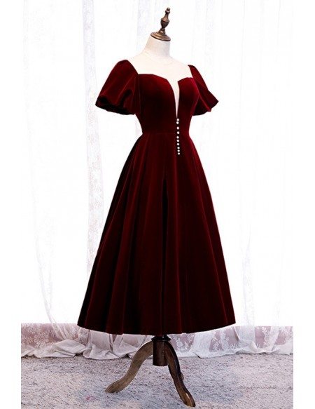 Retro Square Neck Maroon Tea Length Party Dress With Bubble Sleeves