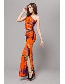 Tropical One Shoulder Printed Chiffon Long Dress With Split