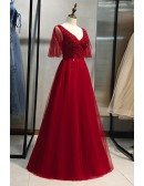 Popular Puffy Sleeves Burgundy Prom Dress Vneck With Sequins