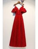 Sparkly Long Red Party Dress With Puffy Sleeves Straps