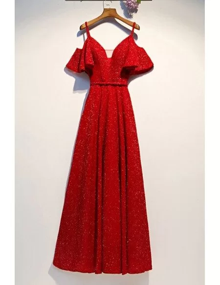 Sparkly Long Red Party Dress With Puffy Sleeves Straps