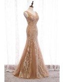 Champagne Long Tulle Sparkly Mermaid Formal Dress With Sequins