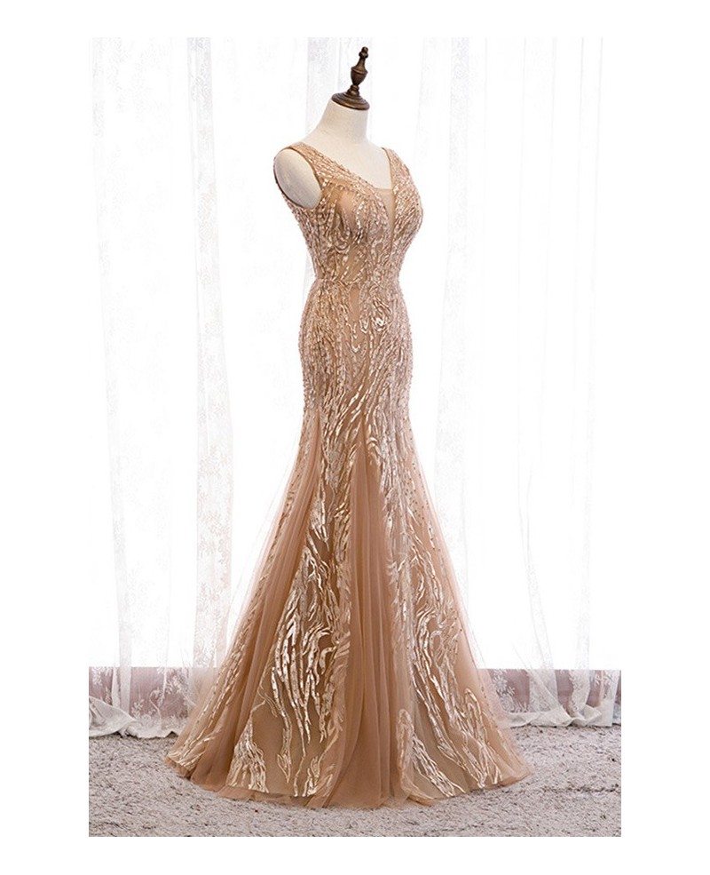 champagne long tulle sparkly mermaid formal dress with sequins # ...