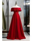 Beaded Empire Long Satin Formal Dress With Off Shoulder