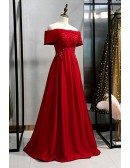 Beaded Empire Long Satin Formal Dress With Off Shoulder