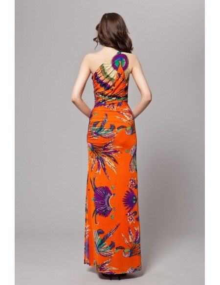 Tropical One Shoulder Printed Chiffon Long Dress With Split