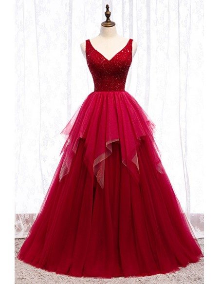 Special Formal Long Tulle Ballgown Prom Dress With Vneck