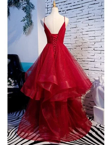Vneck Pleated Long Tulle Prom Dress With Ruffles Straps