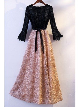 Special Black With Champagne Lace Party Dress With Long Sleeves