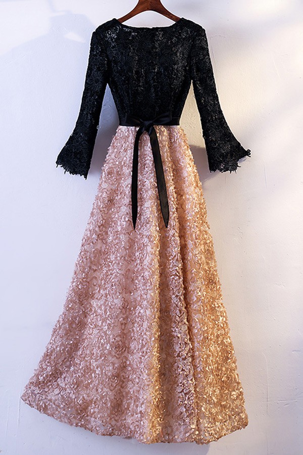 champagne and black lace dress