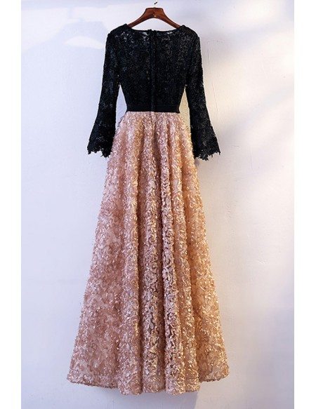 Special Black With Champagne Lace Party Dress With Long Sleeves